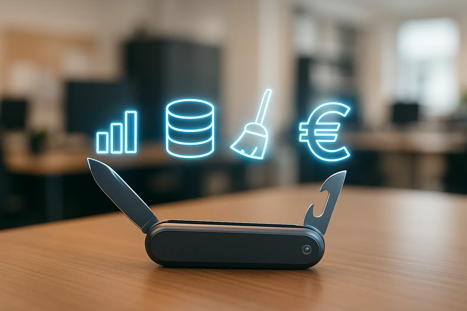 Un couteau suisse symbolisant les multiples fonctionnalités de KNIME pour une PME, de l'analyse au ROI.