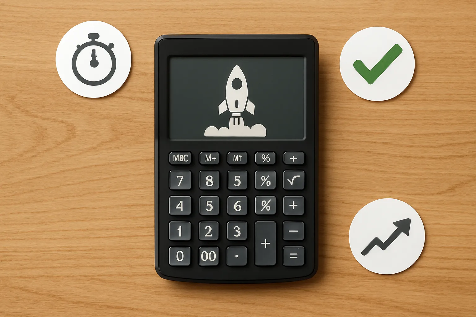 Calculatrice montrant une fusée, symbolisant le calcul du ROI de N8N pour la croissance d'une PME.