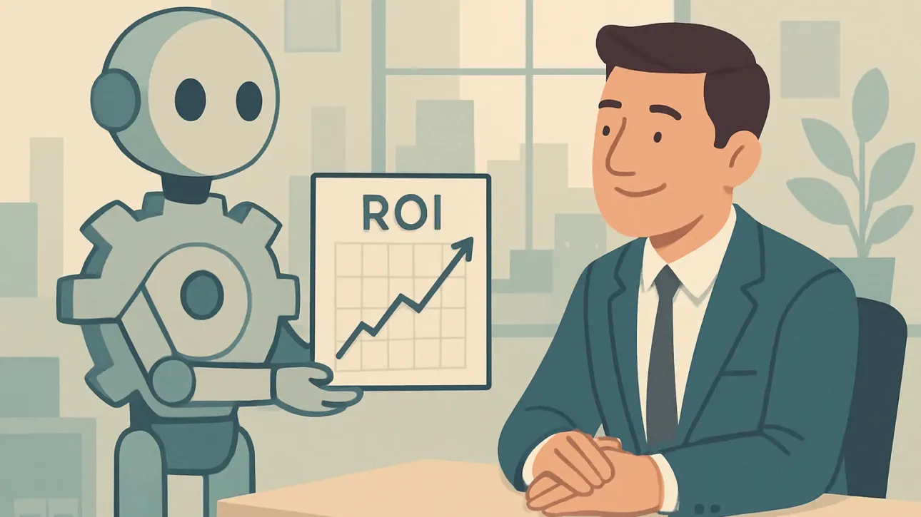 Un n8n chatbot symbolise par un robot discret presentant un graphique de ROI a un entrepreneur de PME.