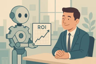 Un n8n chatbot symbolise par un robot discret presentant un graphique de ROI a un entrepreneur de PME.