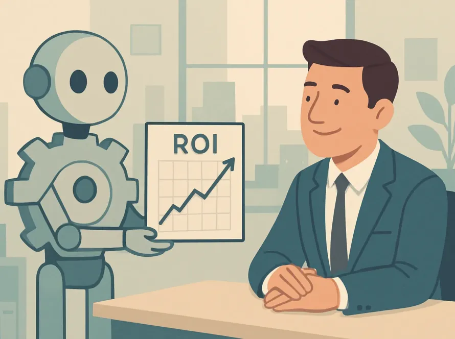 Un n8n chatbot symbolise par un robot discret presentant un graphique de ROI a un entrepreneur de PME.