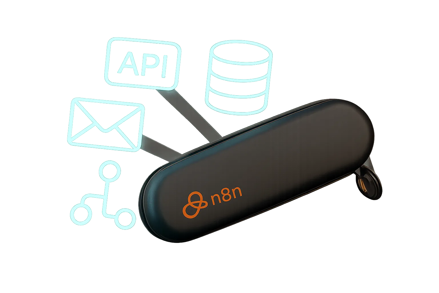 N8N représenté comme un couteau suisse digital, symbolisant sa flexibilité et sa puissance pour les PME.