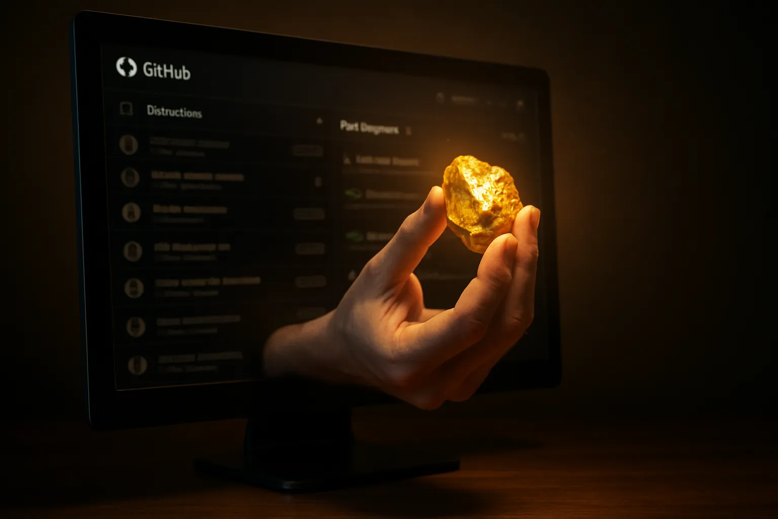 Main sortant d'un ecran GitHub et tenant une pepite d'or, representant la decouverte d'astuces sur n8n.