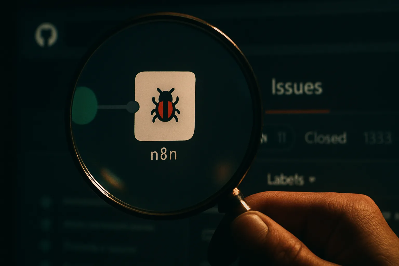 Loupe de detective examinant un bug sur un workflow n8n, symbolisant la recherche dans les Issues de GitHub.