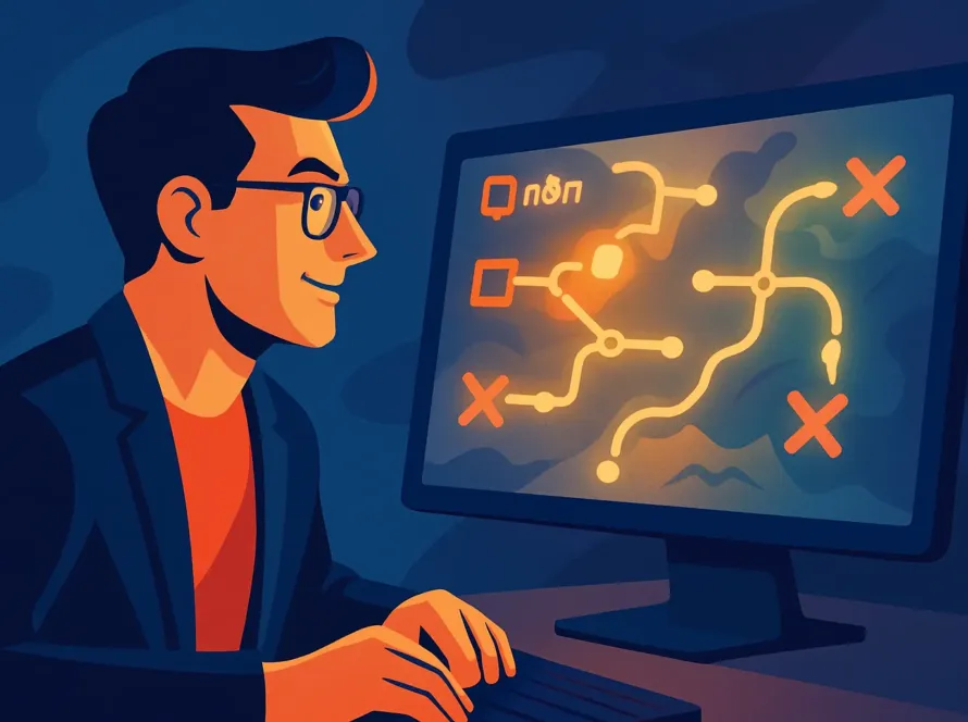 Entrepreneur utilisant N8N GitHub comme une carte au tresor pour trouver des solutions d'automatisation pour sa PME.