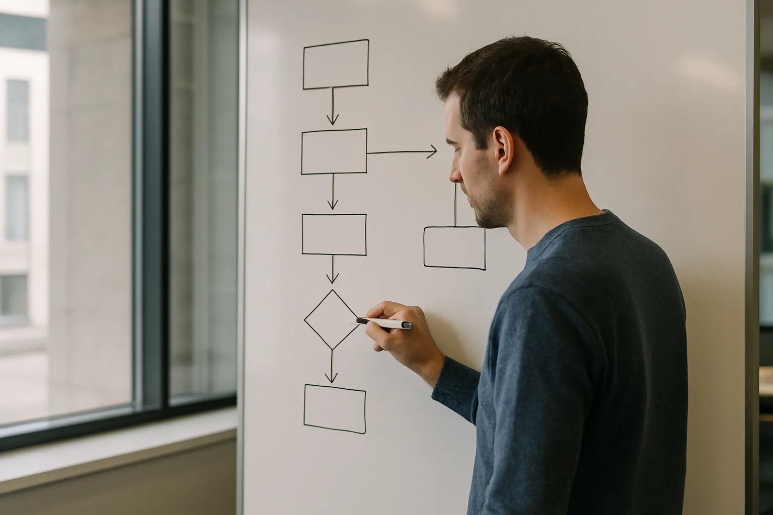 Un entrepreneur qui planifie son workflow sur un tableau blanc avant d'utiliser N8N, étape cruciale pour le ROI.