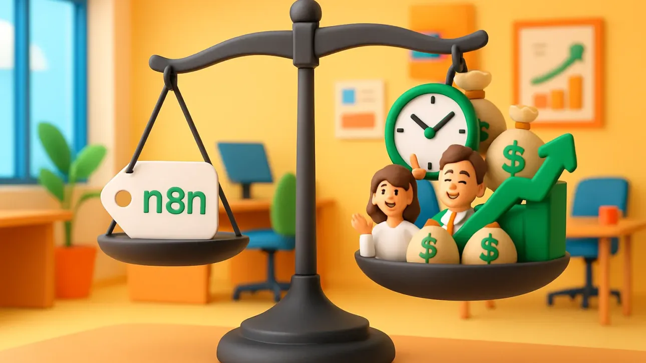 Balance montrant que l'investissement du n8n pricing est largement compensé par le ROI pour une PME.