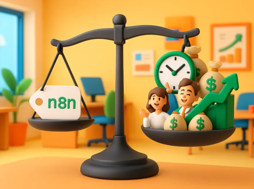 Balance montrant que l'investissement du n8n pricing est largement compensé par le ROI pour une PME.