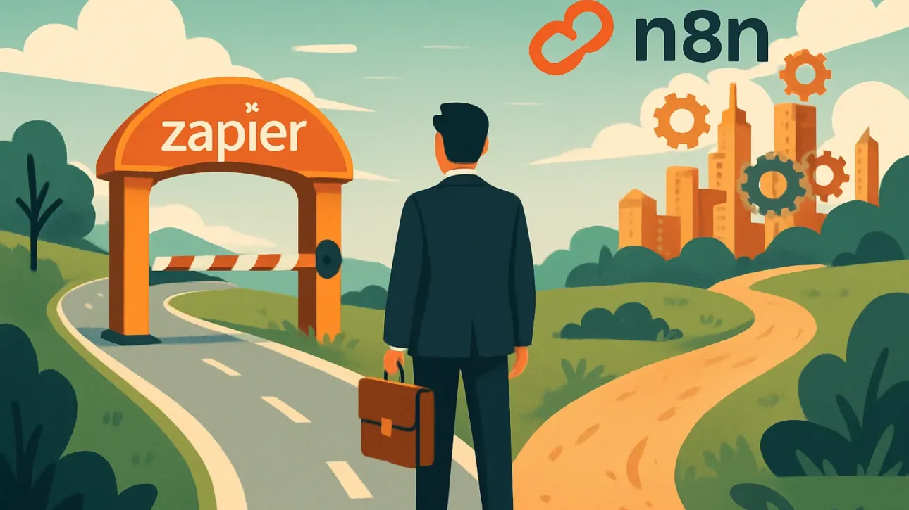 Illustration montrant le choix stratégique entre N8N et Zapier pour un patron de PME cherchant l'autonomie.