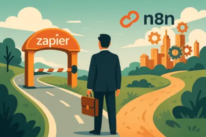 Illustration montrant le choix stratégique entre N8N et Zapier pour un patron de PME cherchant l'autonomie.