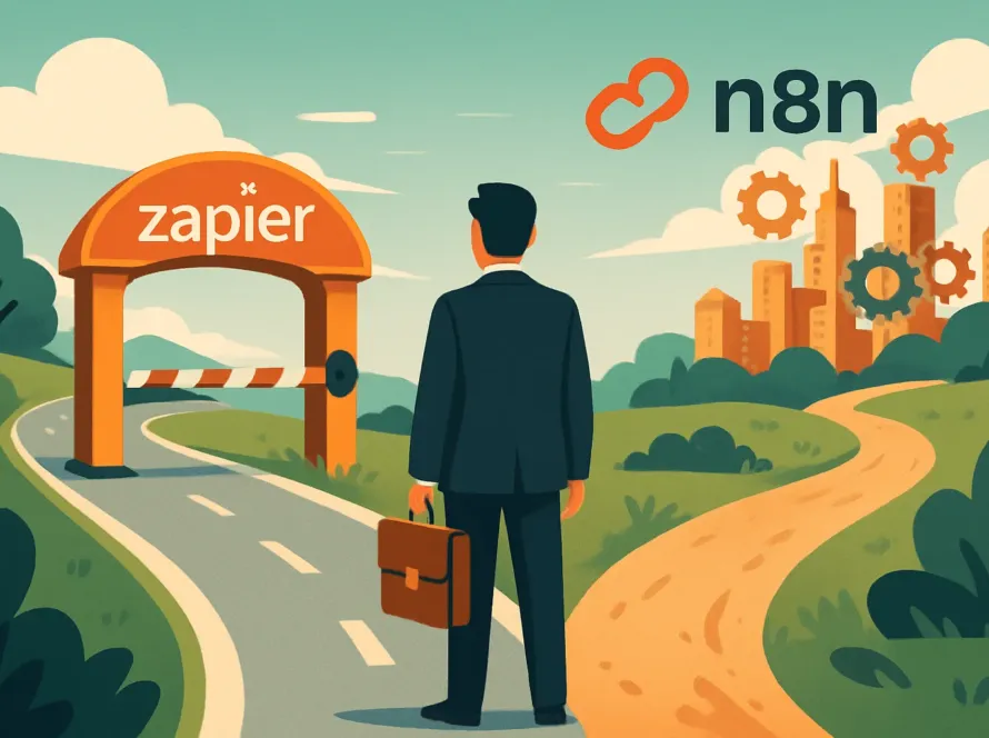 Illustration montrant le choix stratégique entre N8N et Zapier pour un patron de PME cherchant l'autonomie.