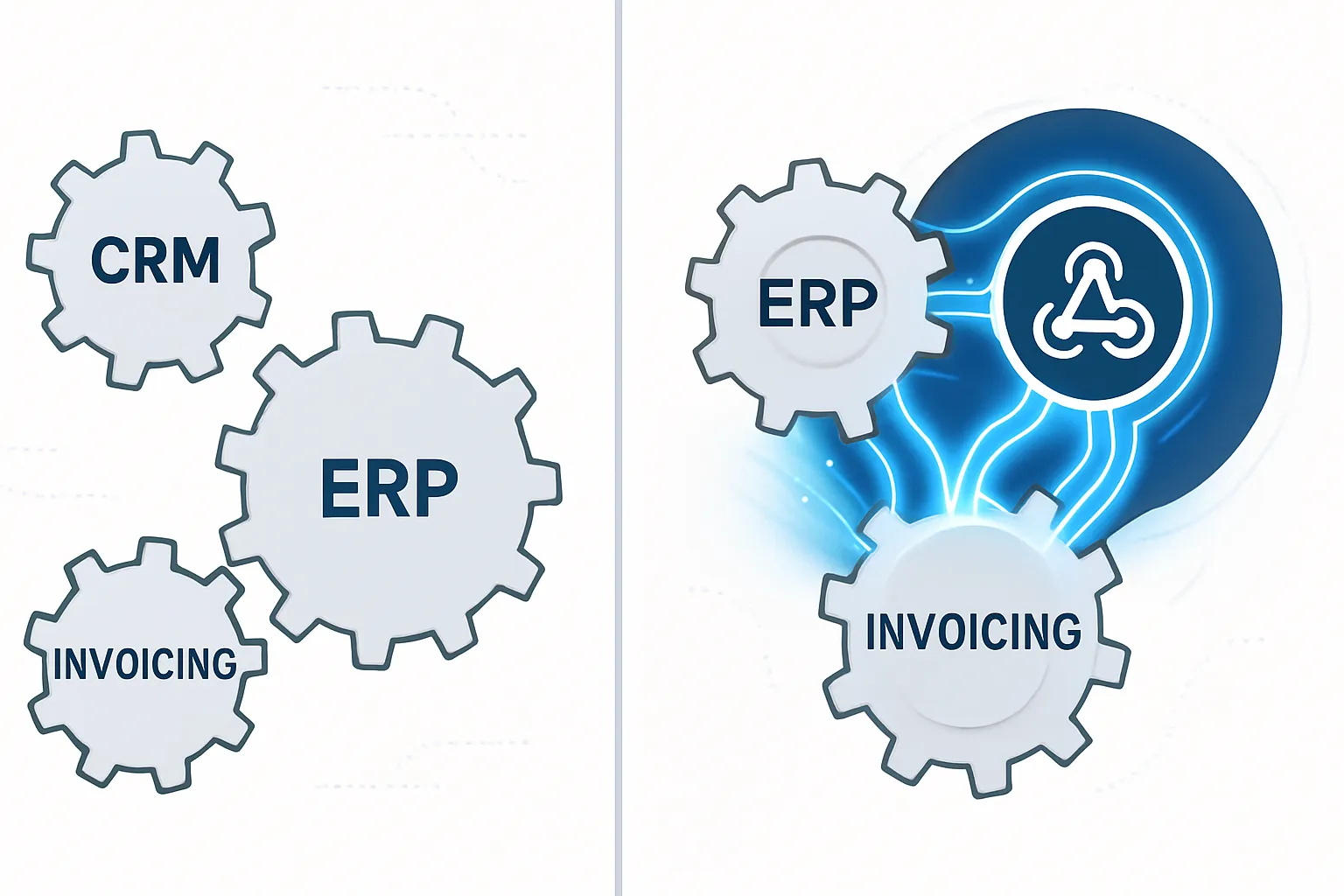 Comparaison entre des outils PME isoles et des outils connectes grace au n8n webhook.