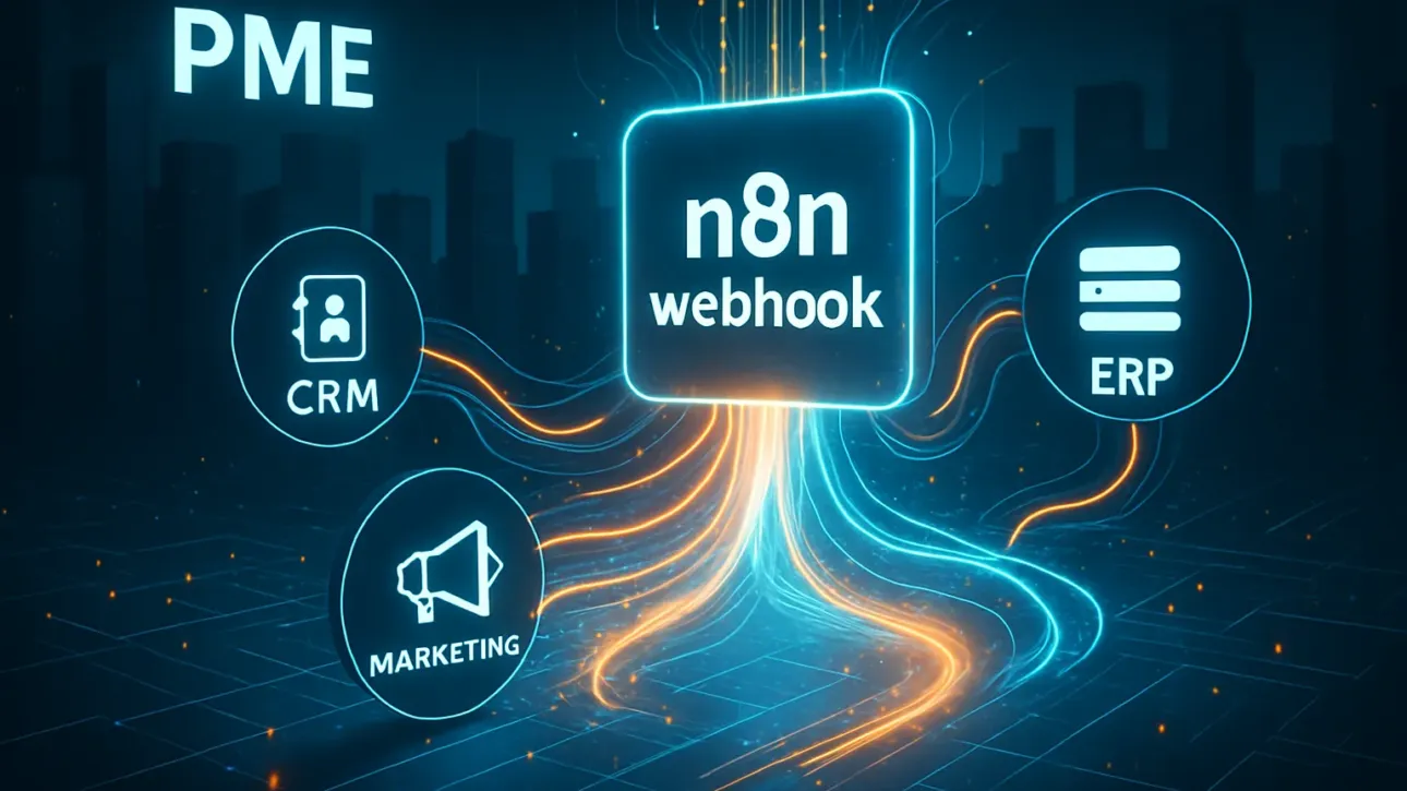 Illustration du n8n webhook comme porte d'entree connectant les outils d'une PME pour la rendre reactive.