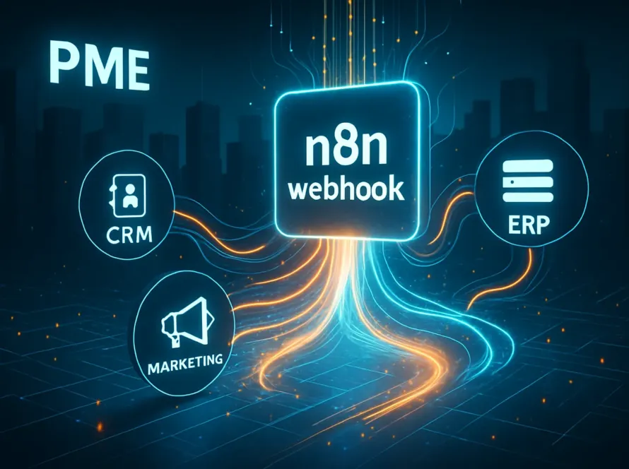 Illustration du n8n webhook comme porte d'entree connectant les outils d'une PME pour la rendre reactive.