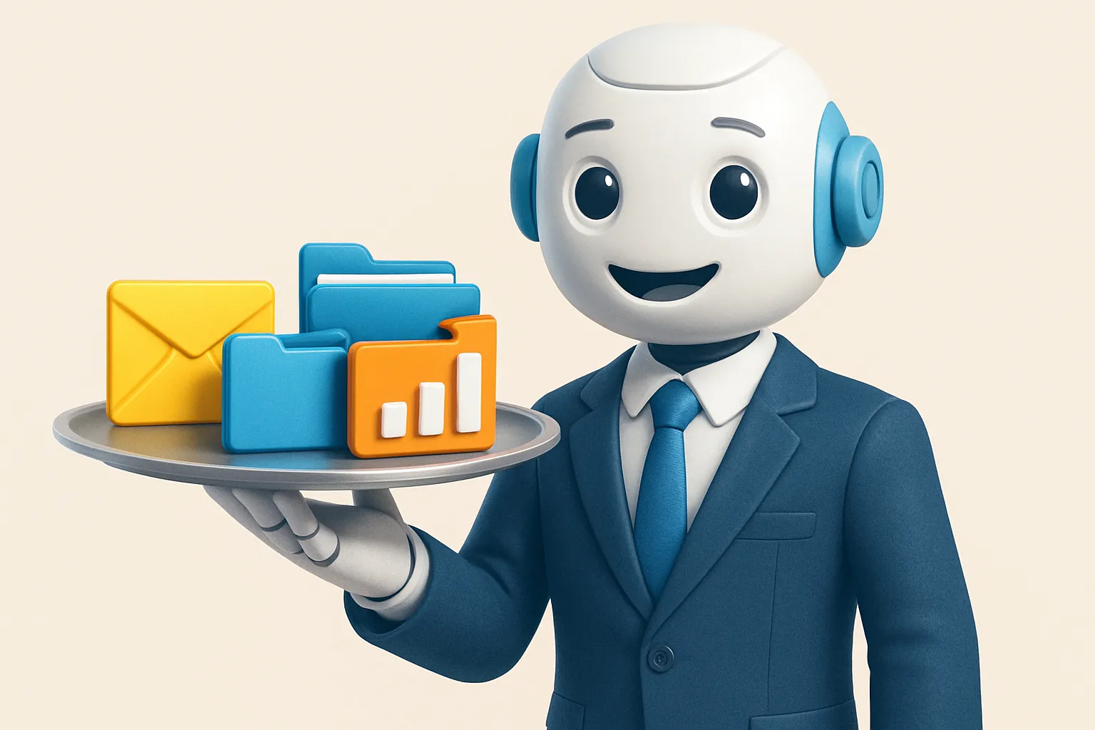 Un robot collaborateur presentant des taches administratives automatisees par un n8n workflow.