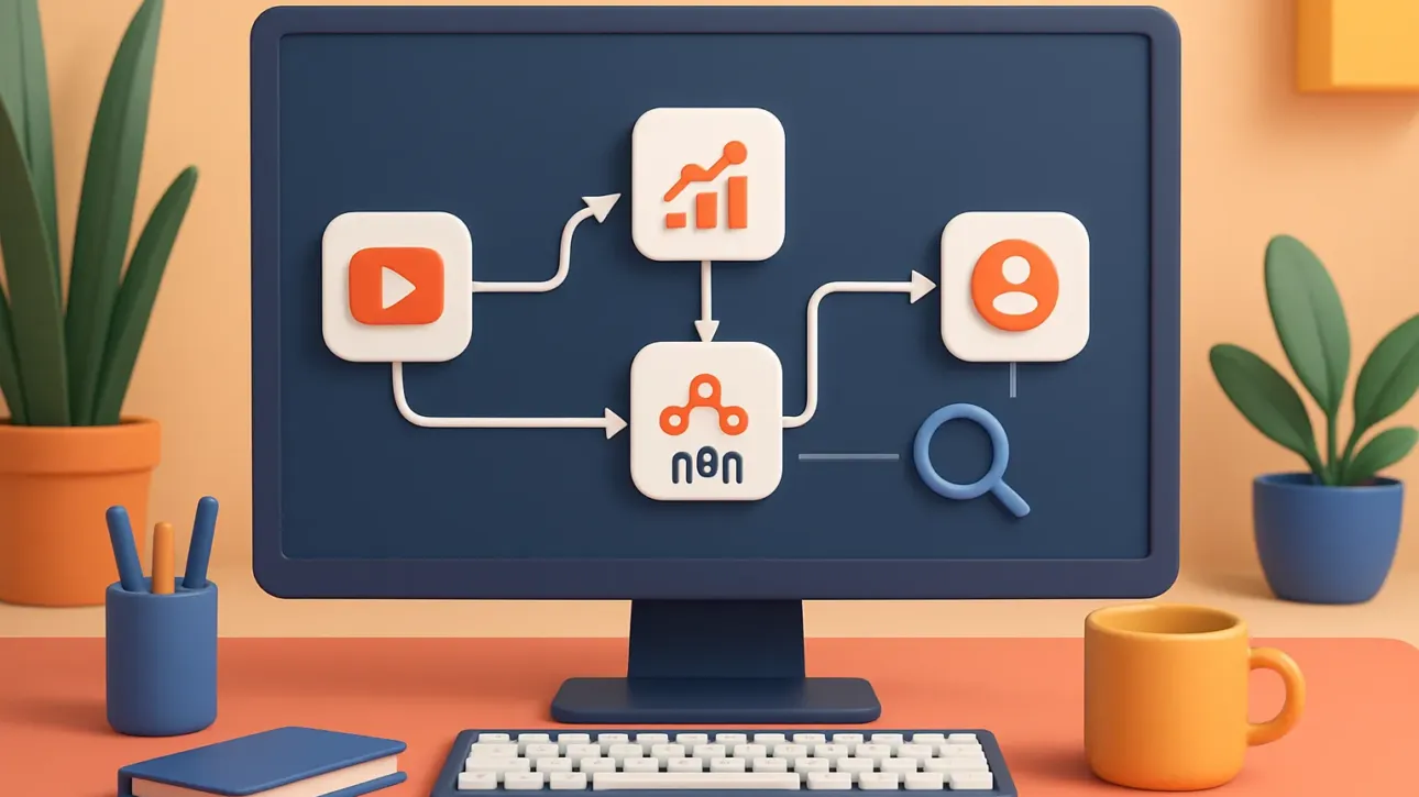 Workflow n8n montrant l'API YouTube connectée à des outils business pour une PME.