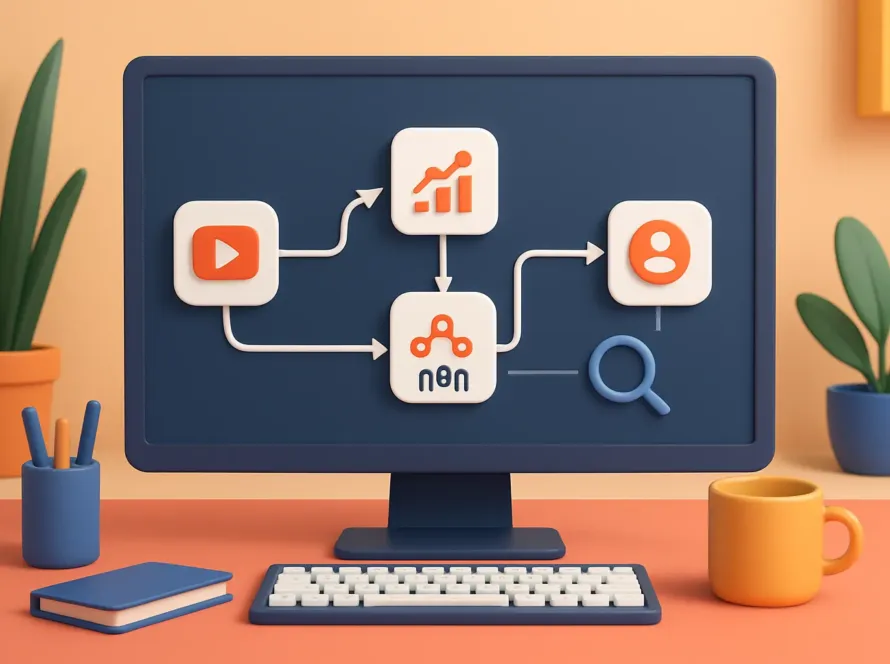 Workflow n8n montrant l'API YouTube connectée à des outils business pour une PME.