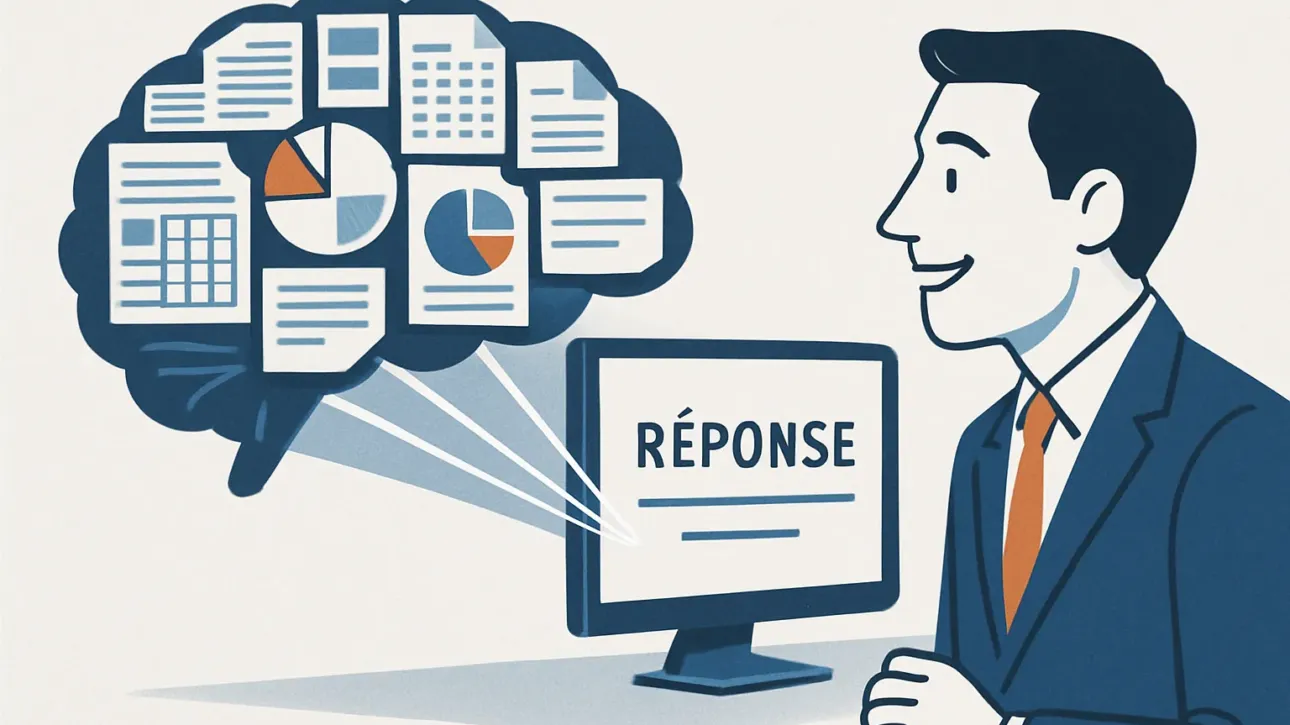 Illustration du concept de RAG workflow, ou une IA puise dans une base de connaissances d'entreprise pour fournir une reponse fiable a une PME.