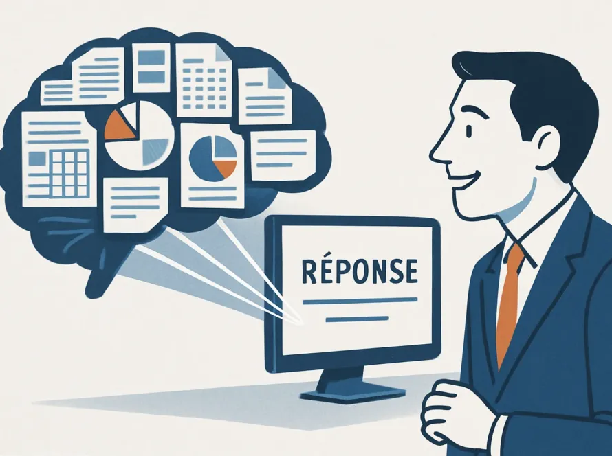 Illustration du concept de RAG workflow, ou une IA puise dans une base de connaissances d'entreprise pour fournir une reponse fiable a une PME.