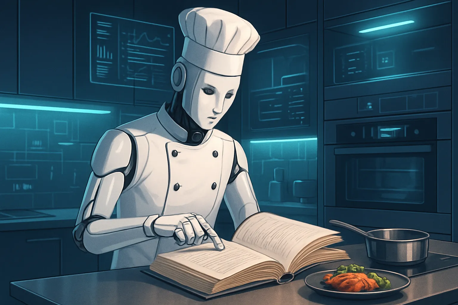 Metaphore du RAG workflow avec une IA representee en chef cuisinier utilisant un livre de recettes d'entreprise.