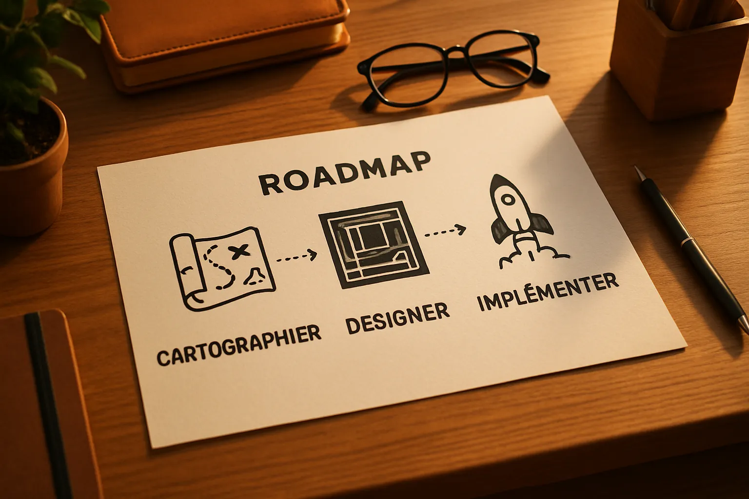 Les 3 etapes de la strategie d'implementation d'un workflow automation n8n : cartographier, designer, implementer.