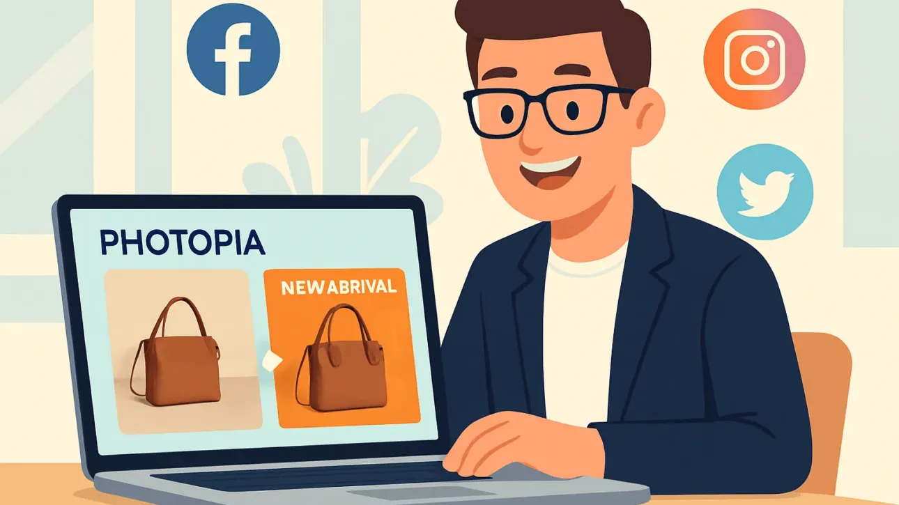 Tutoriel de Photopia pour PME montrant un entrepreneur créant un visuel marketing efficace sur son ordinateur.