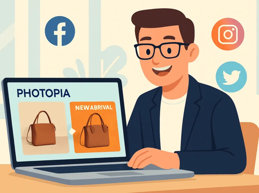 Tutoriel de Photopia pour PME montrant un entrepreneur créant un visuel marketing efficace sur son ordinateur.