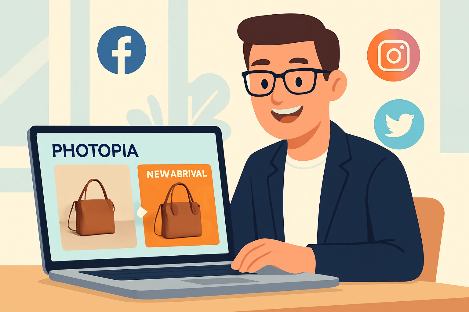 Tutoriel de Photopia pour PME montrant un entrepreneur créant un visuel marketing efficace sur son ordinateur.