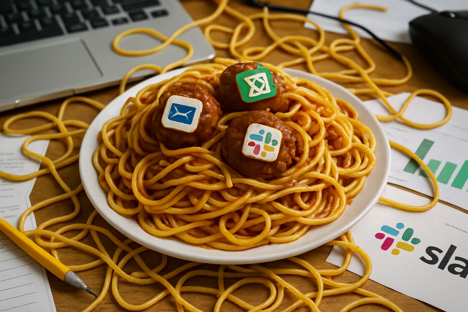Illustration d'un workflow spaghetti symbolisant le chaos d'une automatisation mal concue et non strategique.