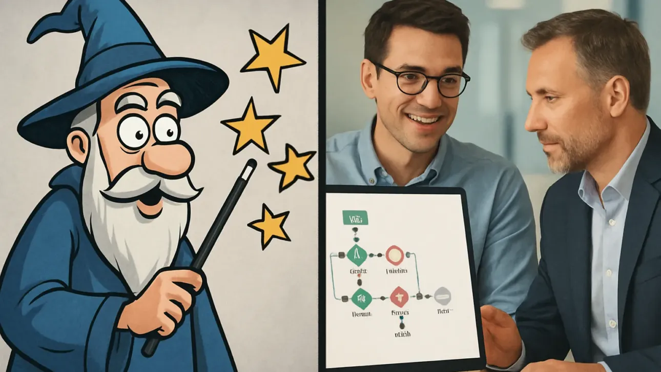 Comparaison entre le mythe d'une agence d'automatisation IA magicienne et la realite d'un partenaire strategique pour une PME.