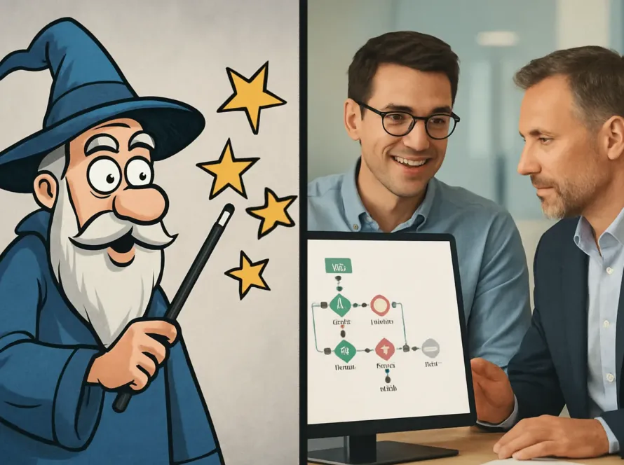 Comparaison entre le mythe d'une agence d'automatisation IA magicienne et la realite d'un partenaire strategique pour une PME.