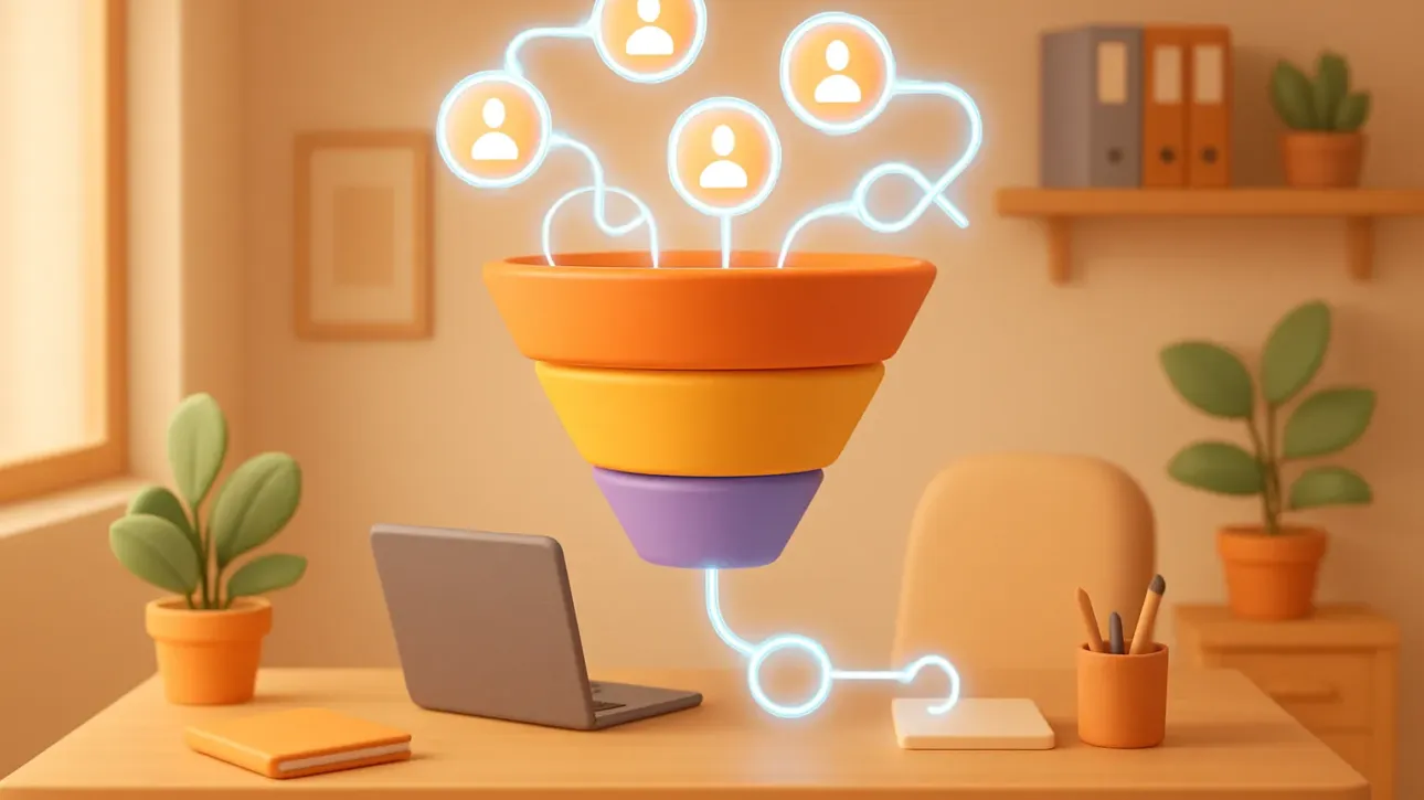 Illustration de l'automatisation IA Make optimisant la gestion de leads pour une PME via un entonnoir de vente efficace.