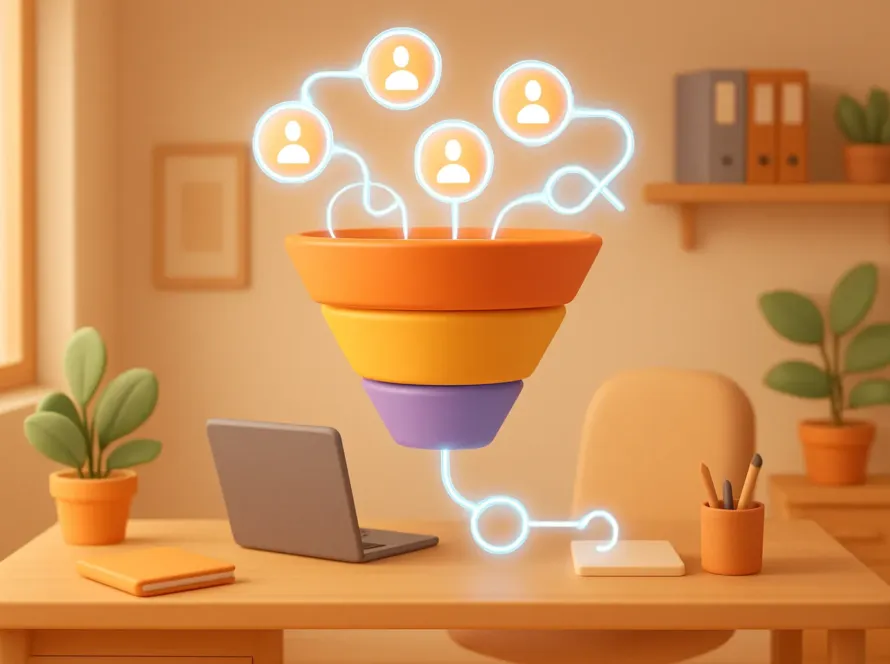 Illustration de l'automatisation IA Make optimisant la gestion de leads pour une PME via un entonnoir de vente efficace.