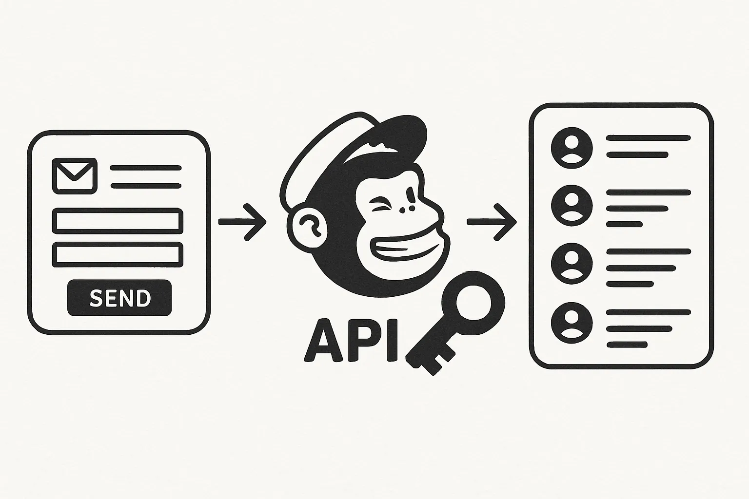 Schéma d'un workflow n8n connectant un formulaire de contact à Mailchimp grâce à une clé API.