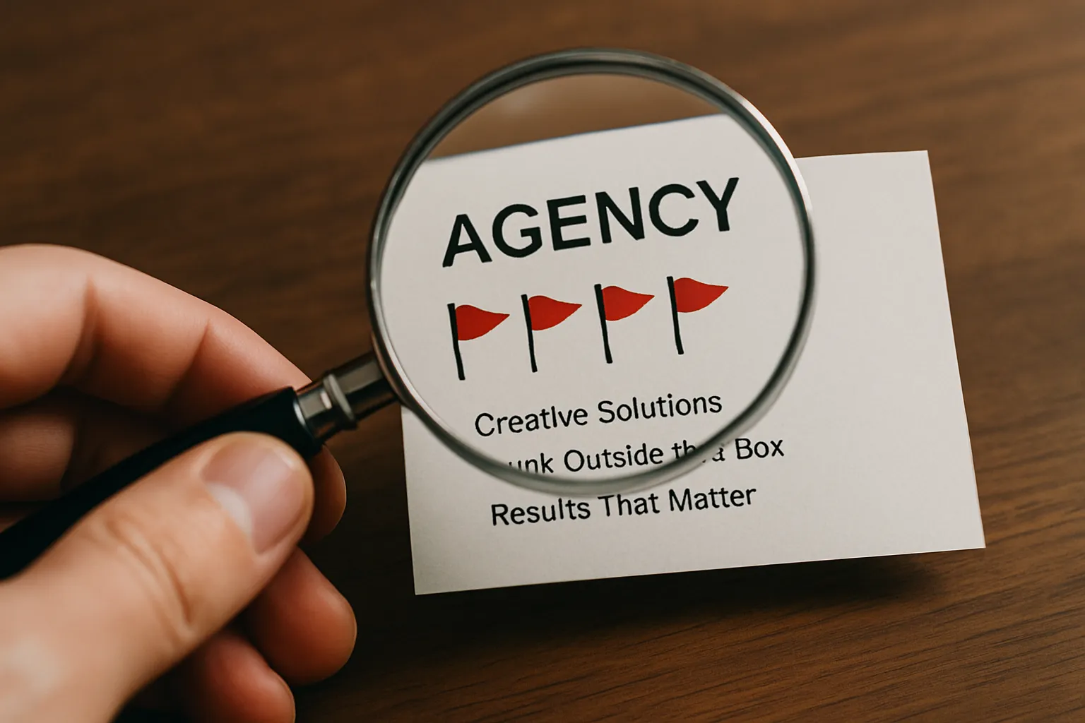 Main d'un entrepreneur utilisant une loupe pour detecter les red flags et les pieges en choisissant une agence d'automatisation IA.