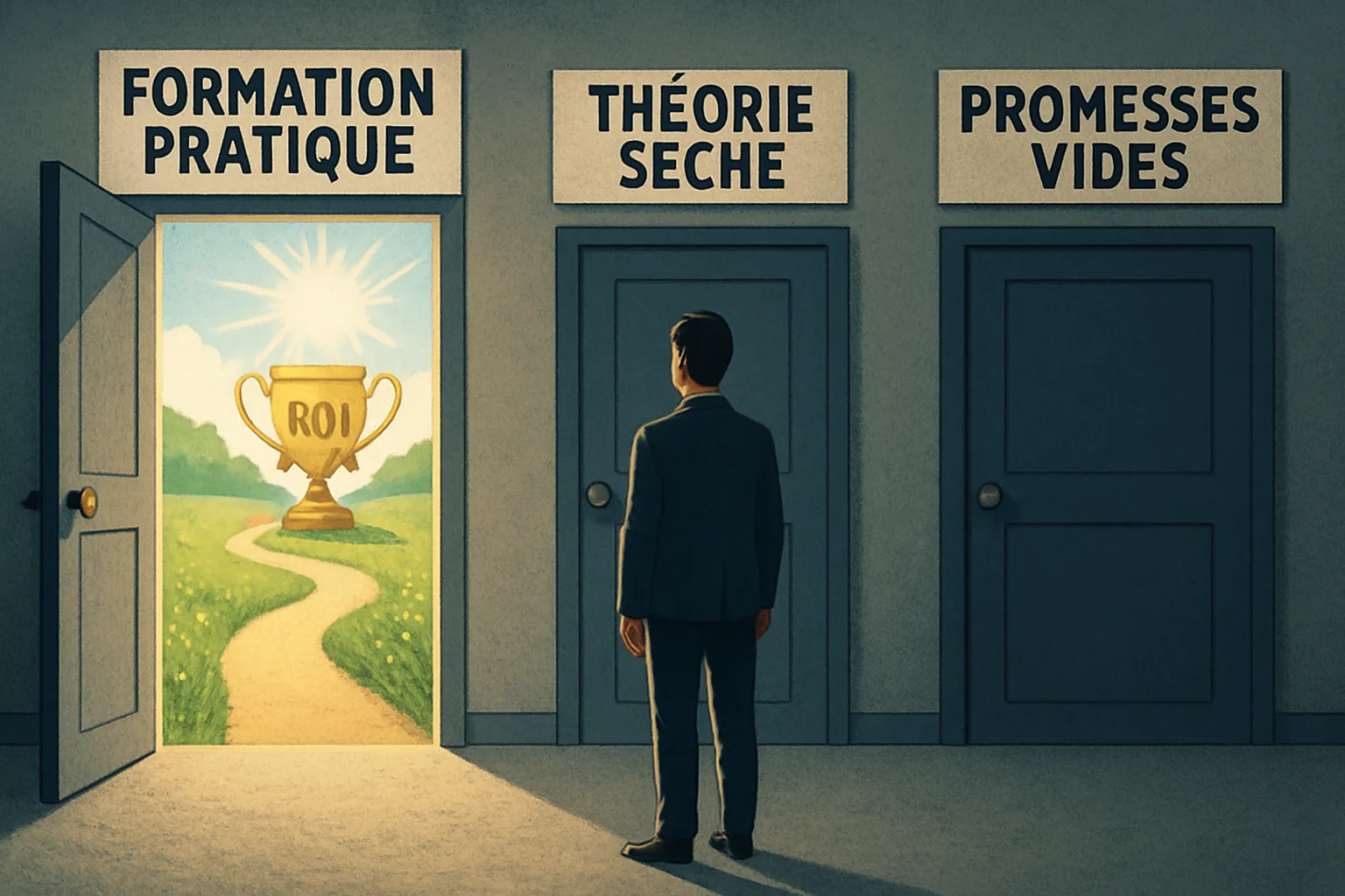 Métaphore visuelle du choix de la bonne formation automatisation IA pour obtenir un retour sur investissement.