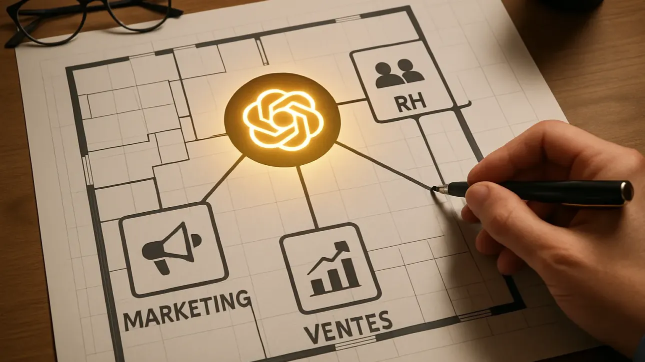Un plan strategique montrant comment avoir ChatGPT en entreprise en le connectant aux differents departements d'une PME pour un meilleur ROI.