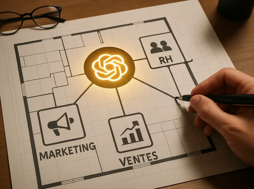 Un plan strategique montrant comment avoir ChatGPT en entreprise en le connectant aux differents departements d'une PME pour un meilleur ROI.