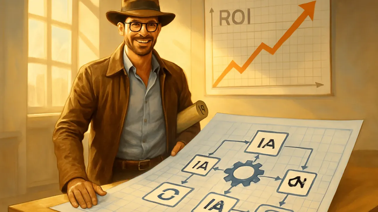 Un consultant IA agissant comme un architecte de la productivité pour une PME, planifiant le ROI de l'intelligence artificielle.