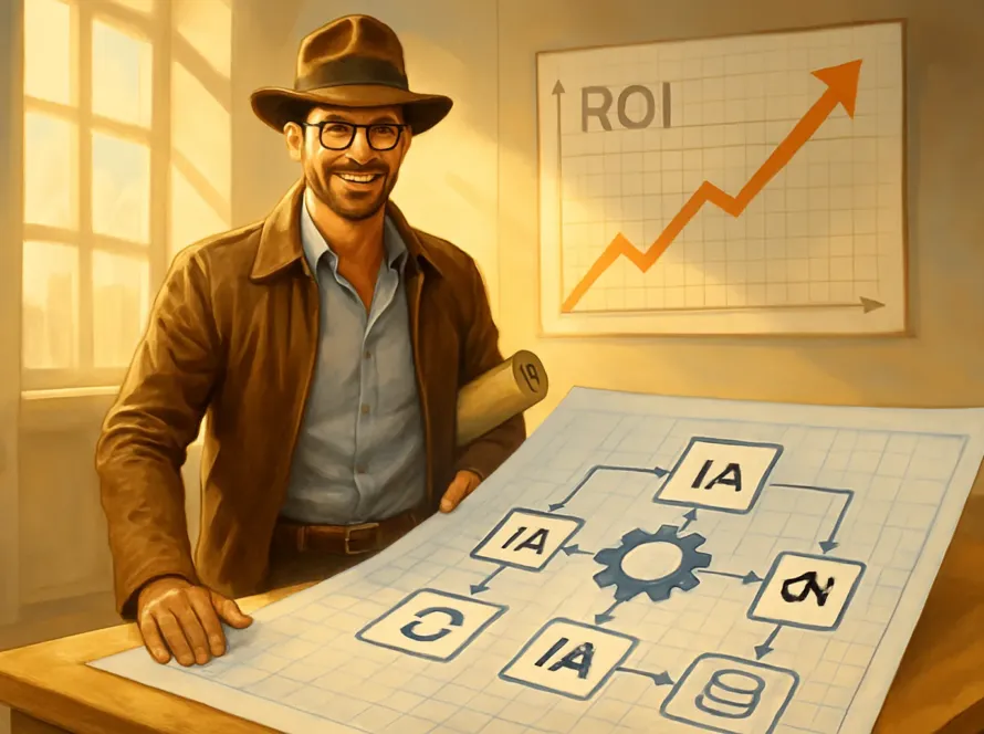 Un consultant IA agissant comme un architecte de la productivité pour une PME, planifiant le ROI de l'intelligence artificielle.