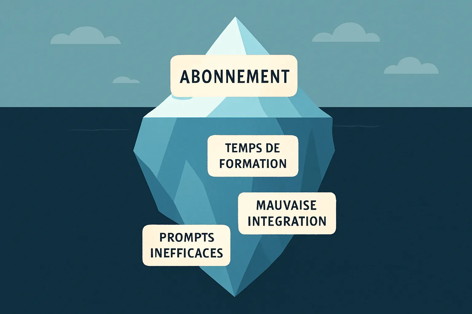 Infographie détaillée des coûts cachés ChatGPT entreprise : formation équipe, intégration API et maintenance