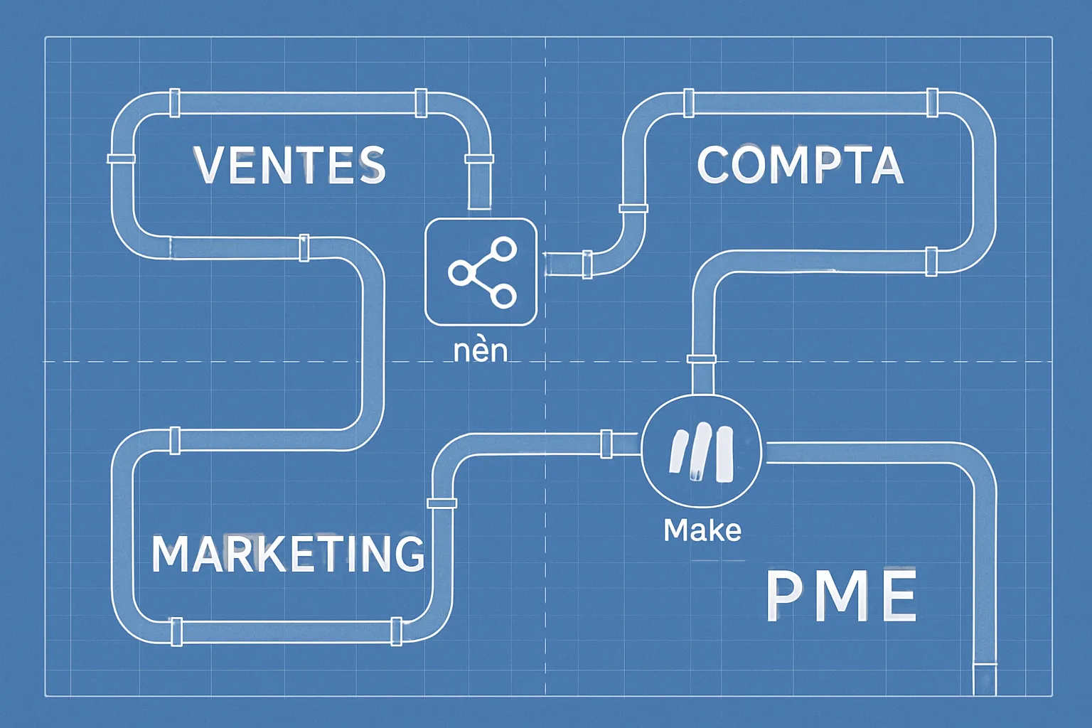 Representation d'une agence d'automatisation IA comme un architecte de pipelines digitaux pour une PME.
