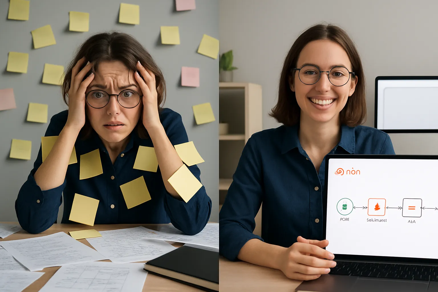 Avant et après une formation automatisation IA, montrant une chef de projet passée du stress à l'efficacité.
