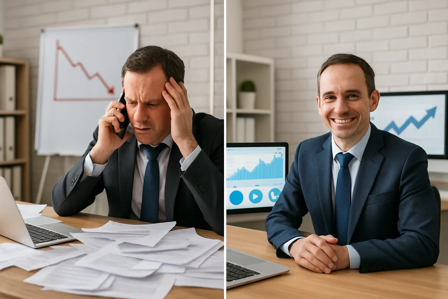 Comparaison avant et après l'implémentation de l'IA dans une PME montrant le passage du chaos à l'efficacité.