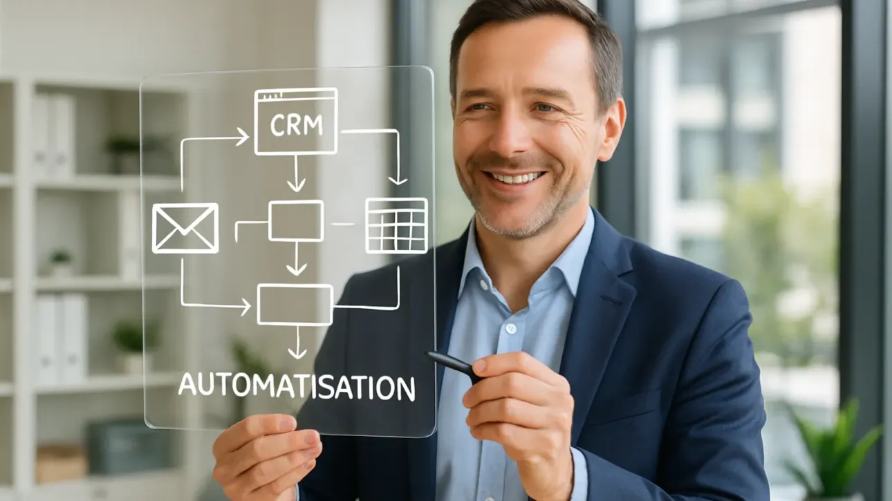 Manager utilisant une tablette pour visualiser un workflow suite a une formation automatisation IA.