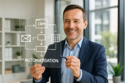 Manager utilisant une tablette pour visualiser un workflow suite a une formation automatisation IA.