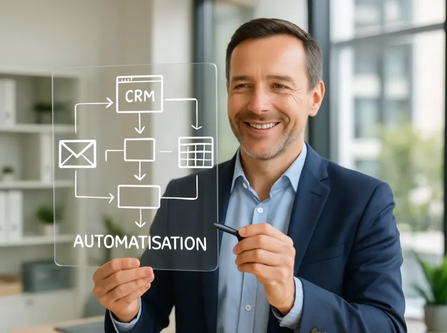 Manager utilisant une tablette pour visualiser un workflow suite a une formation automatisation IA.