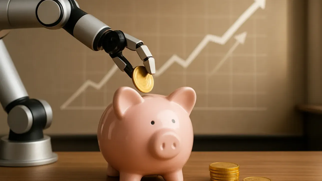 Un bras robotique symbolisant l'IA dépose des pièces d'or dans une tirelire, illustrant comment gagner de l'argent avec l'IA pour une PME.