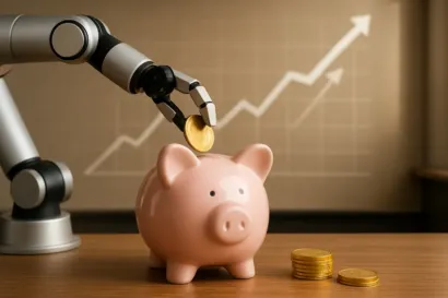 Un bras robotique symbolisant l'IA dépose des pièces d'or dans une tirelire, illustrant comment gagner de l'argent avec l'IA pour une PME.