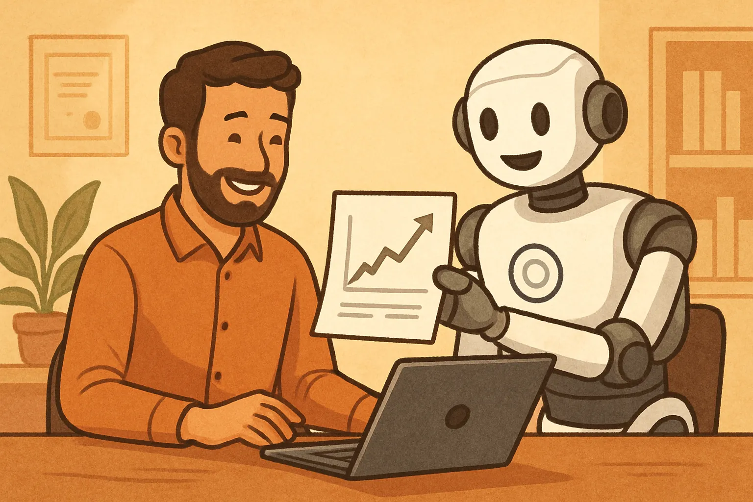 Un employé qui collabore avec une IA, représentée par un robot, pour démystifier la peur du remplacement